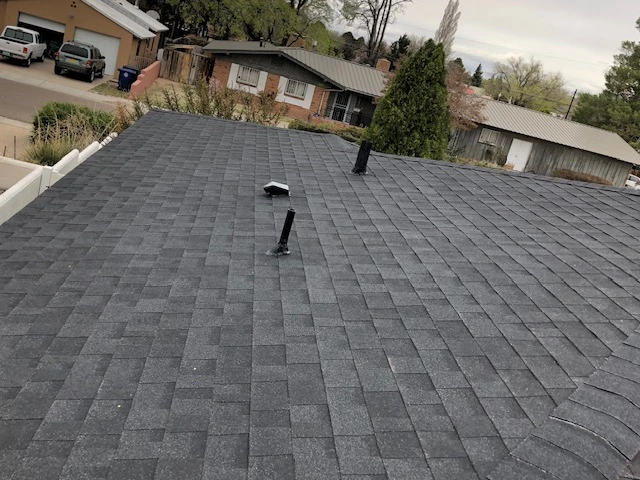 A house featuring a black shingled roof complemented by a matching black chimney.